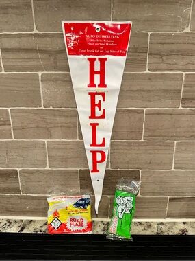 Vintage Roadside Emergency Kit Set Help Flag Road Flare CPR Breather NOS